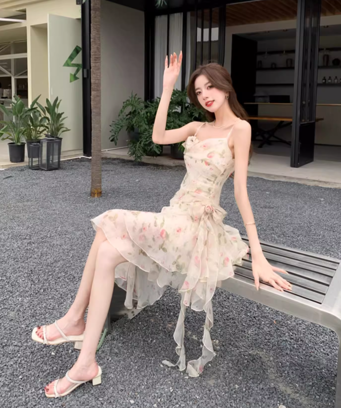 New Fashion Floral Irregular Ruffled Hem Design Elegant A-line Spaghetti Strap Dress TP3527