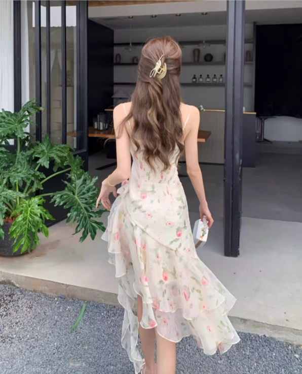 New Fashion Floral Irregular Ruffled Hem Design Elegant A-line Spaghetti Strap Dress TP3527