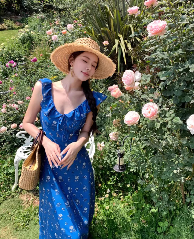 New Fashion Navy Blue Floral Design Elegant Beach Holiday A-line Sleeveless Women Dress TP3528