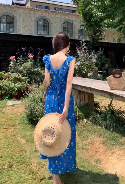 New Fashion Navy Blue Floral Design Elegant Beach Holiday A-line Sleeveless Women Dress TP3528
