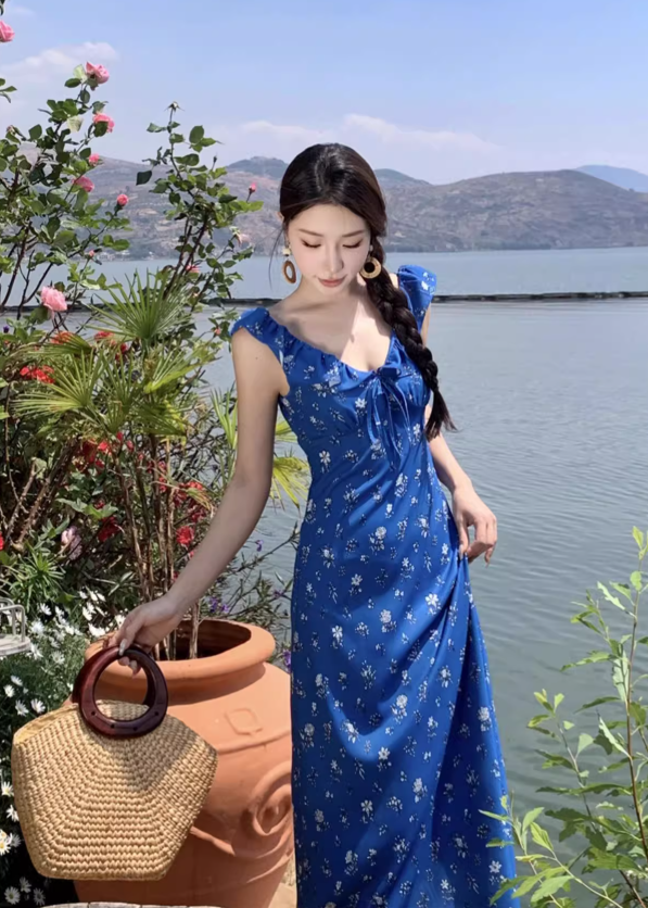 New Fashion Navy Blue Floral Design Elegant Beach Holiday A-line Sleeveless Women Dress TP3528