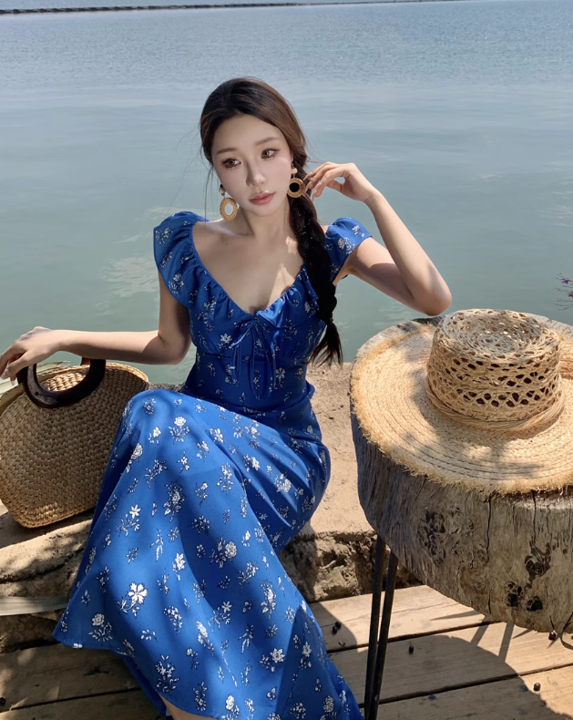 New Fashion Navy Blue Floral Design Elegant Beach Holiday A-line Sleeveless Women Dress TP3528