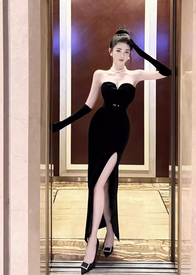 Simple Fashion Black Sleeveless Split Design Prom Dress Elegant A-line Strapless Dress TP3530