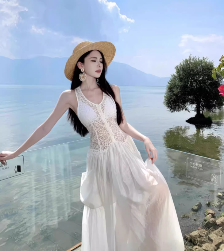 Simple Fashion White Sleeveless See-through Design Elegant A-line Vest Dress TP3531