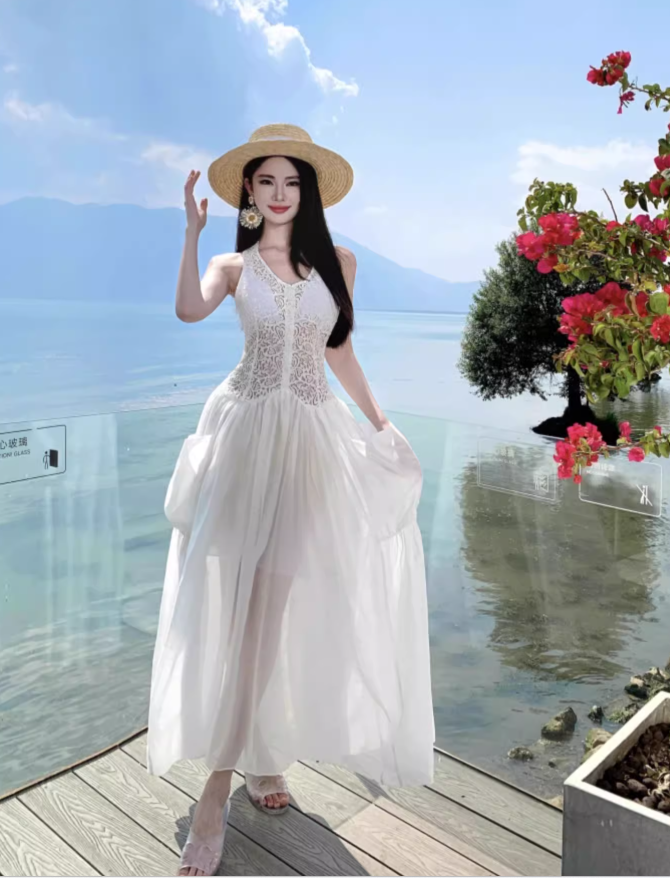 Simple Fashion White Sleeveless See-through Design Elegant A-line Vest Dress TP3531