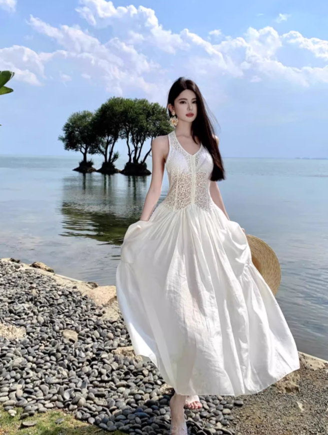 Simple Fashion White Sleeveless See-through Design Elegant A-line Vest Dress TP3531