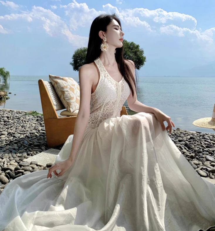 Simple Fashion White Sleeveless See-through Design Elegant A-line Vest Dress TP3531