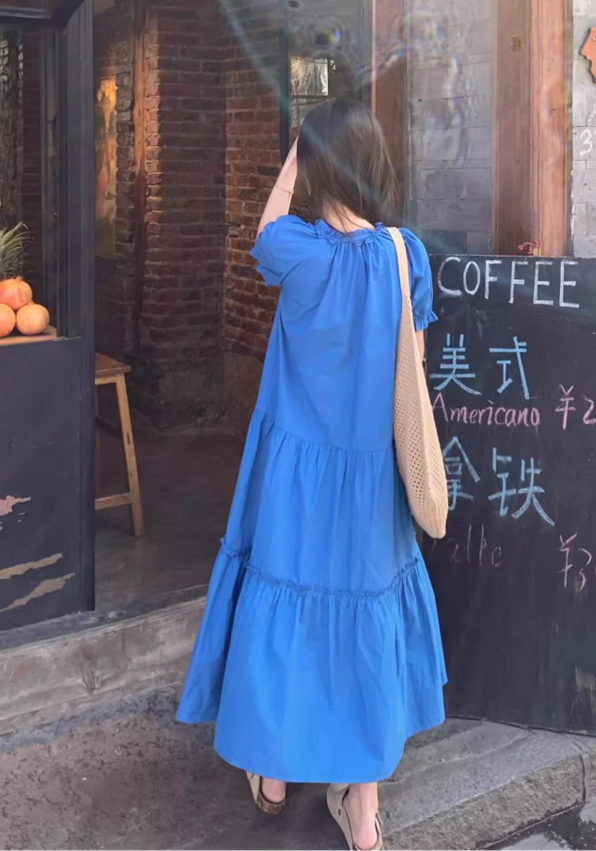Simple Fashion Navy Blue Loose-fitting Design A-line Short-sleeved Dress TP3532