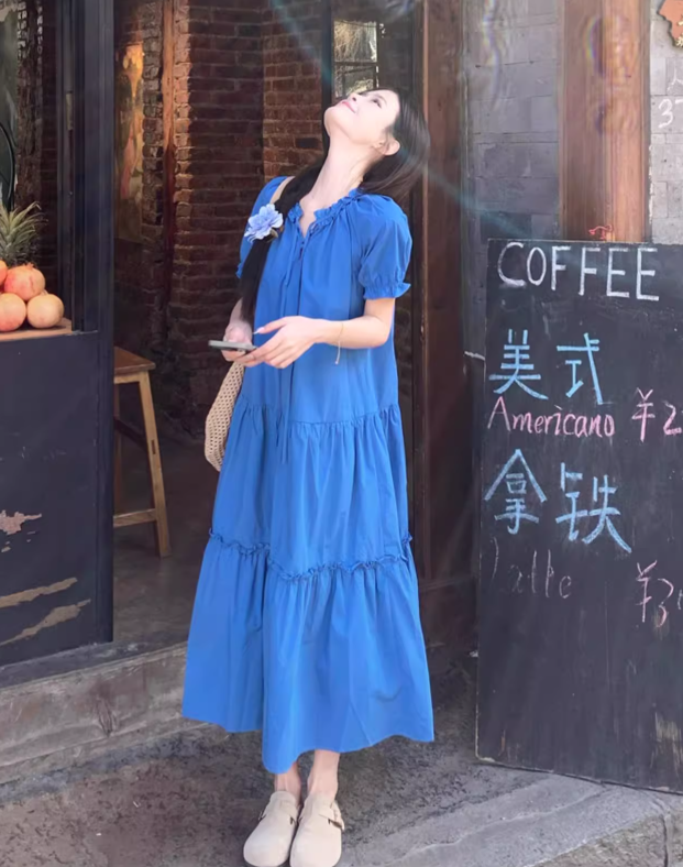 Simple Fashion Navy Blue Loose-fitting Design A-line Short-sleeved Dress TP3532