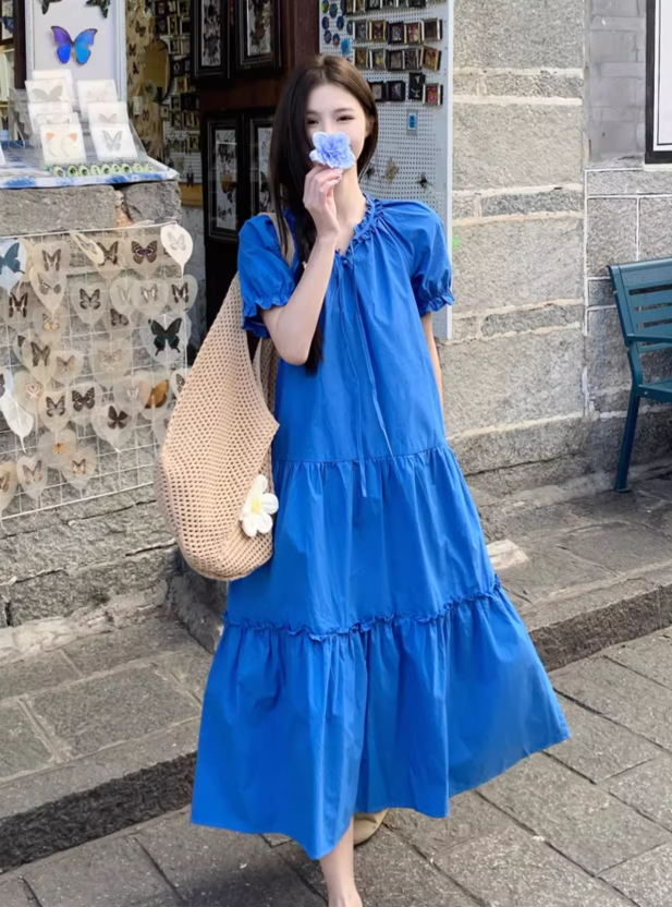 Simple Fashion Navy Blue Loose-fitting Design A-line Short-sleeved Dress TP3532