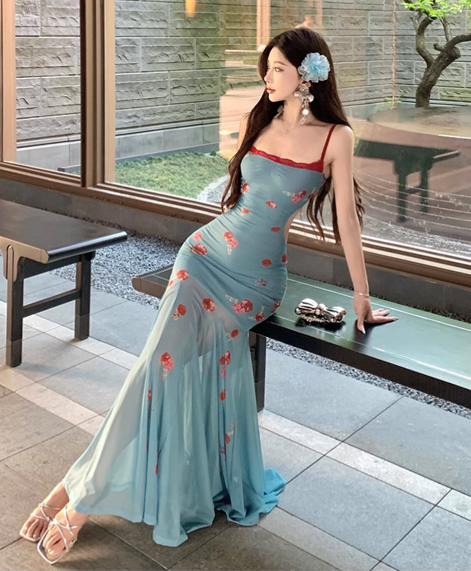 New Fashion Blue Mermaid Floral Design A-line Spaghetti Strap Dress TP3533