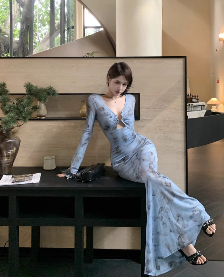 Vintage Blue Floral Design A-line Long-sleeved Dress TP3613