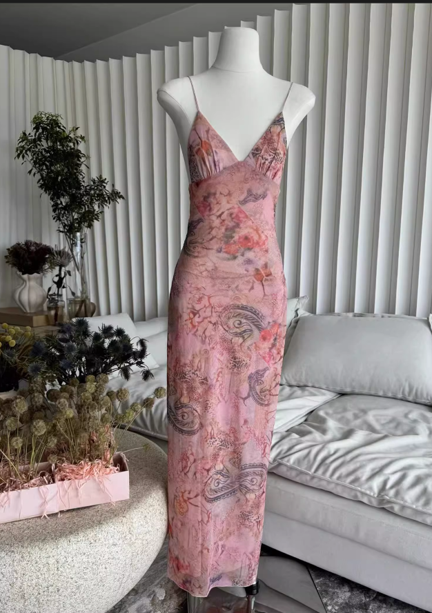 Sweet Spaghetti Strap V-neck Backless Design Floral Print A-line Women Dress TP3868