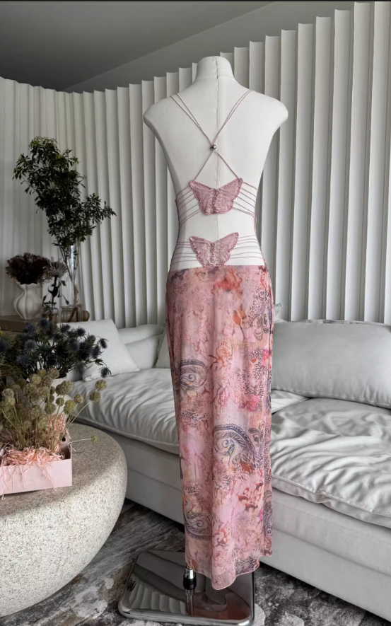 Sweet Spaghetti Strap V-neck Backless Design Floral Print A-line Women Dress TP3868