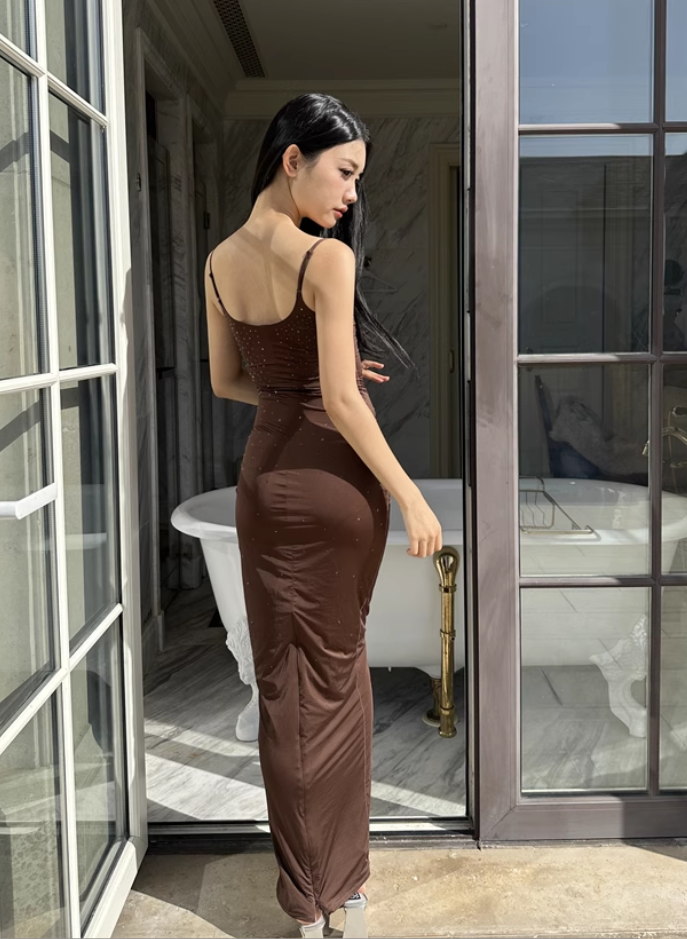 Fashion Brown Beading Spaghetti Strap Design A-line Mermaid Women Dress TP3879