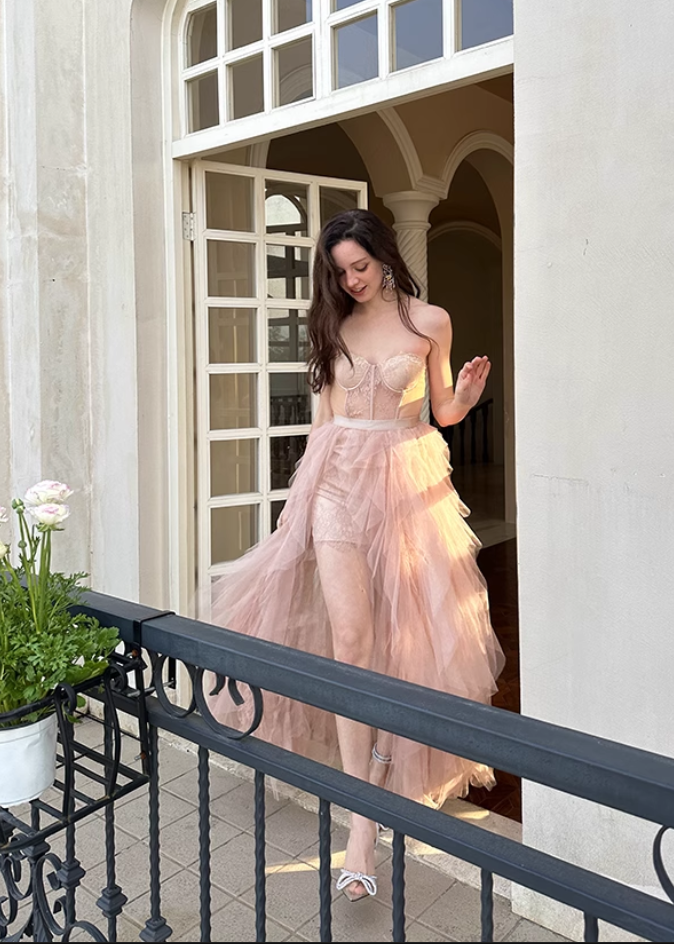 Fashion Sweetheart Sheath Strapless Design A-line Tulle Women Dress TP3880