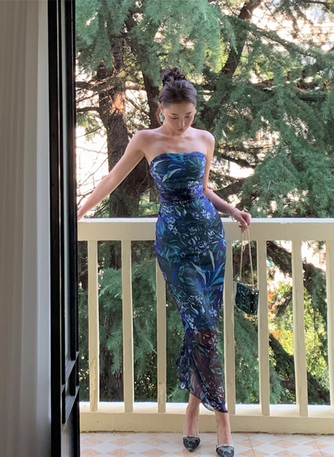 New Fashion Floral Strapless Design Sheath Women Party Dress TP3904