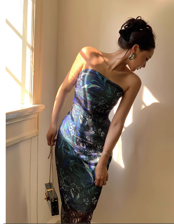 New Fashion Floral Strapless Design Sheath Women Party Dress TP3904