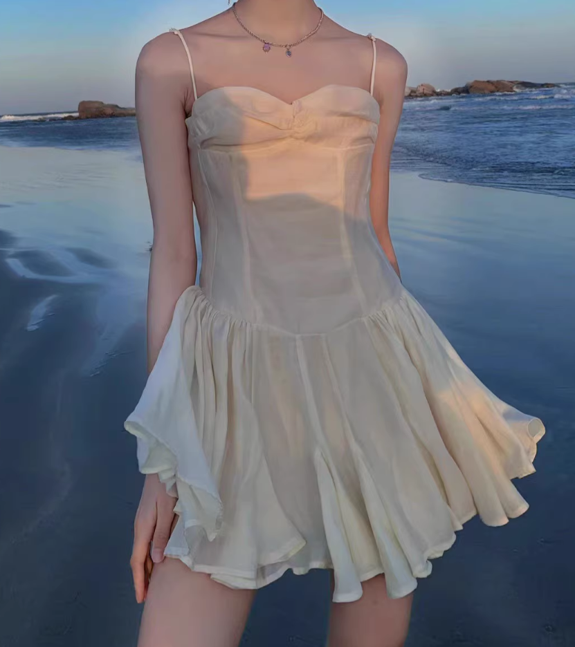 New Fashion White Sweetheart Spaghetti Strap Ruffled Hem Design Summer Party Dress TP3952