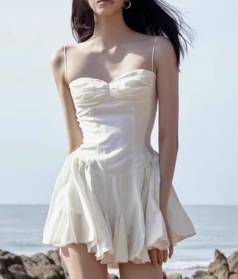 New Fashion White Sweetheart Spaghetti Strap Ruffled Hem Design Summer Party Dress TP3952