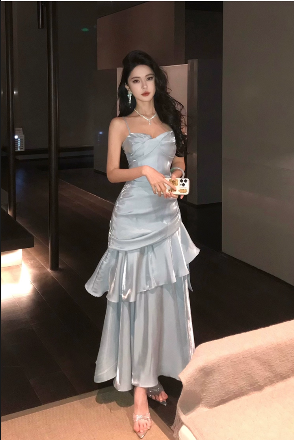 Vintage Blue Sweetheart Spaghetti Strap Mermaid Ruffled Hem Design Sexy Prom Dress Evening Dress TP4249