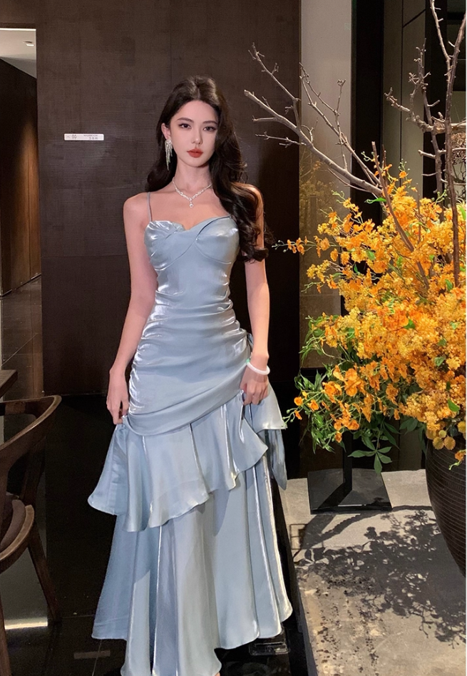 Vintage Blue Sweetheart Spaghetti Strap Mermaid Ruffled Hem Design Sexy Prom Dress Evening Dress TP4249