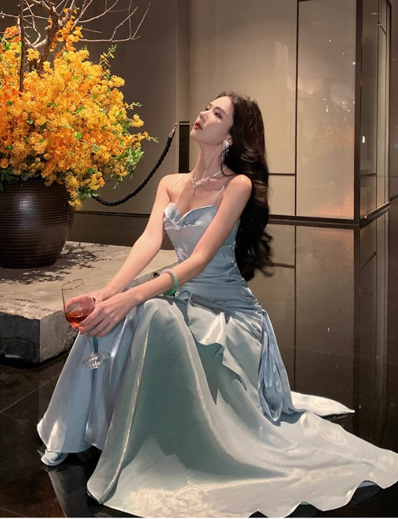 Vintage Blue Sweetheart Spaghetti Strap Mermaid Ruffled Hem Design Sexy Prom Dress Evening Dress TP4249