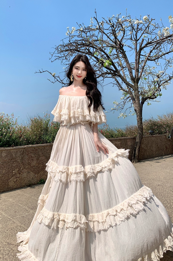 Vintage Ivory Strapless Ruffled Hem Design Elegant Beach Holiday A-Line Summer Dress TP4250