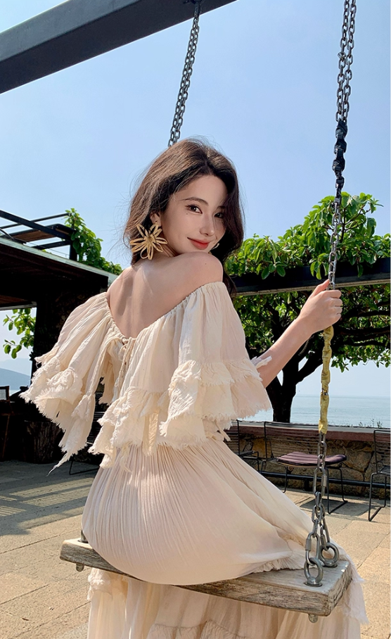 Vintage Ivory Strapless Ruffled Hem Design Elegant Beach Holiday A-Line Summer Dress TP4250