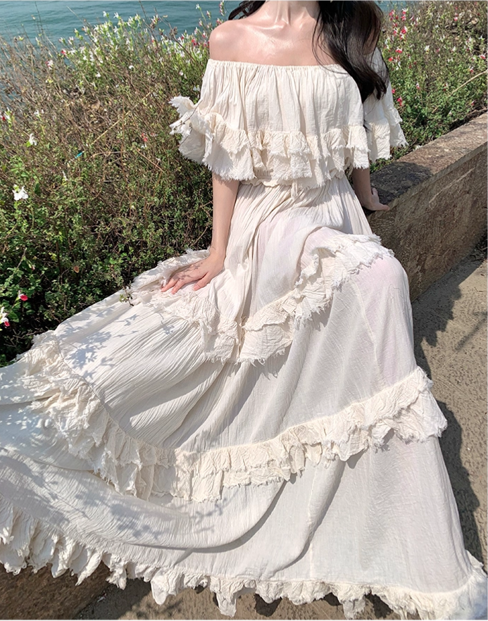 Vintage Ivory Strapless Ruffled Hem Design Elegant Beach Holiday A-Line Summer Dress TP4250