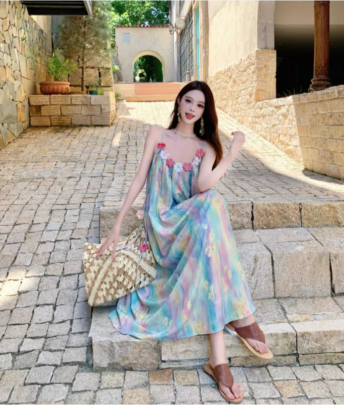 Vintage Floral Spaghetti Strap Design Elegant Beach Holiday A-Line Sleeveless Summer Dress TP4251