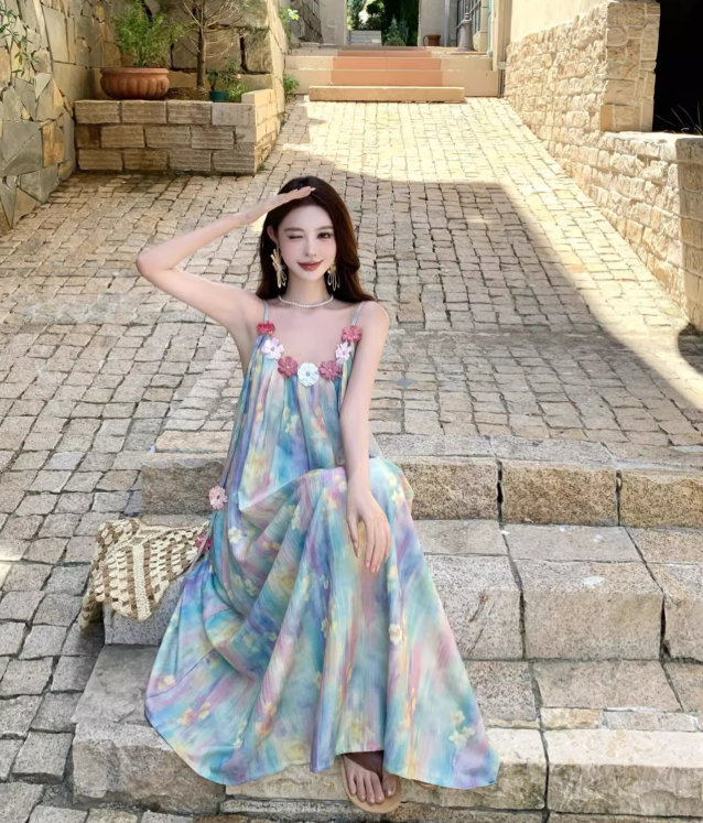 Vintage Floral Spaghetti Strap Design Elegant Beach Holiday A-Line Sleeveless Summer Dress TP4251