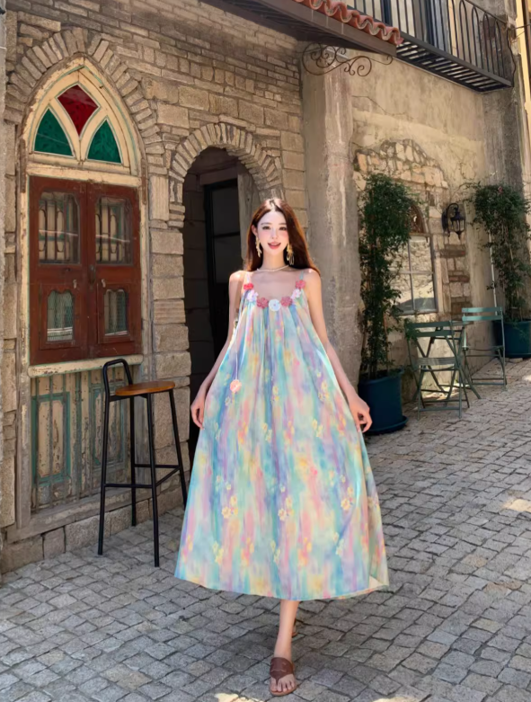 Vintage Floral Spaghetti Strap Design Elegant Beach Holiday A-Line Sleeveless Summer Dress TP4251