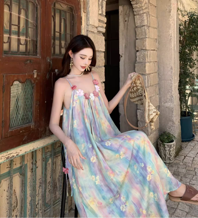 Vintage Floral Spaghetti Strap Design Elegant Beach Holiday A-Line Sleeveless Summer Dress TP4251