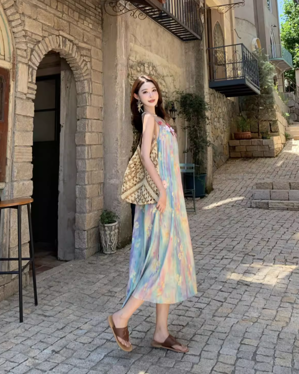 Vintage Floral Spaghetti Strap Design Elegant Beach Holiday A-Line Sleeveless Summer Dress TP4251