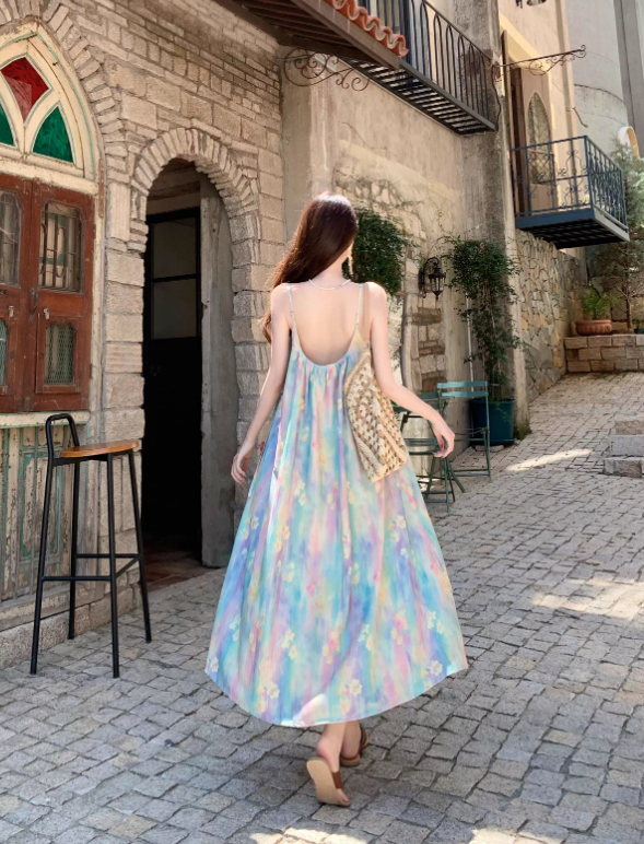 Vintage Floral Spaghetti Strap Design Elegant Beach Holiday A-Line Sleeveless Summer Dress TP4251