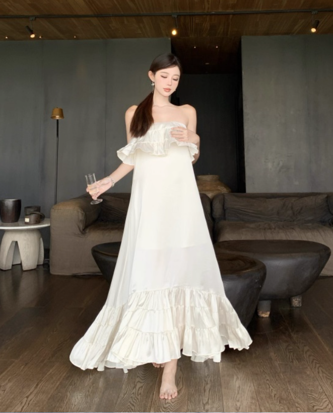 Vintage Ivory Strapless Ruffled Hem Design Elegant Beach Holiday A-Line Sleeveless Summer Dress TP4252