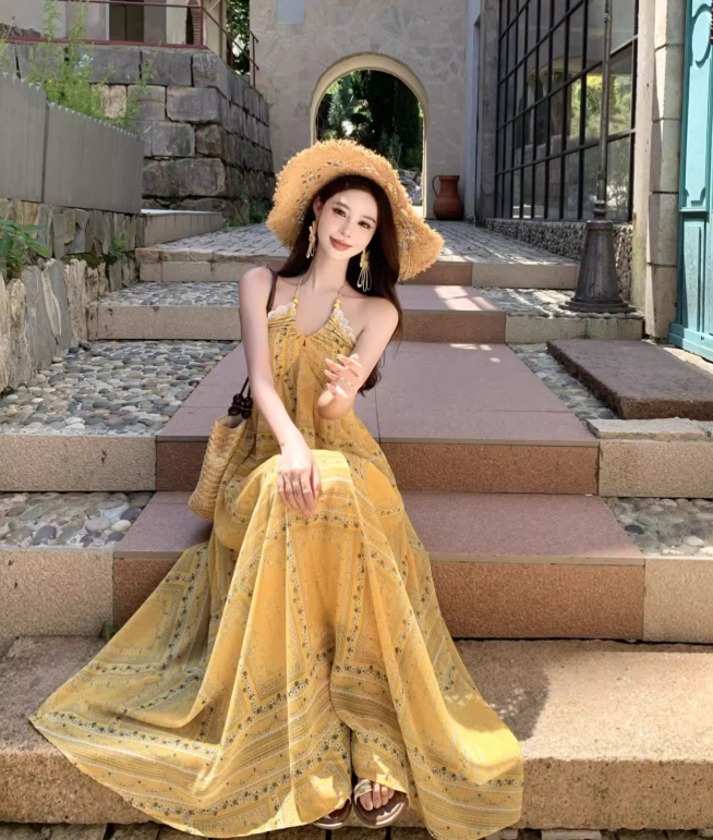 Vintage Yellow Bohemian Style Design Elegant Beach Holiday A-Line Sleeveless Halter Dress Summer Dress Party Dress TP4253