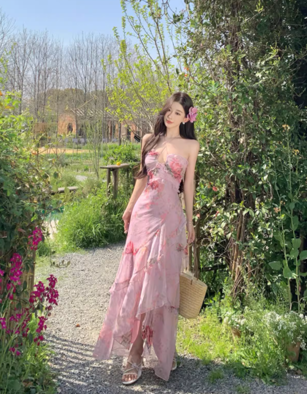 Vintage Pink Floral Irregular Hem Design Elegant Beach Holiday A-Line Sleeveless Halter Dress Summer Dress Party Dress TP4254