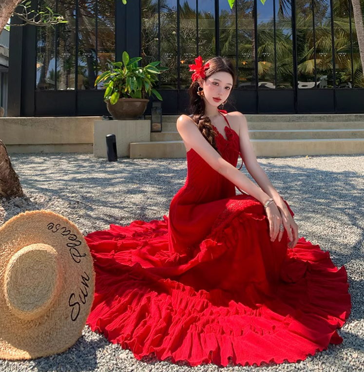 Vintage Burgundy V-neck Design Elegant Beach Holiday A-Line Sleeveless Halter Dress Summer Dress Party Dress TP4255