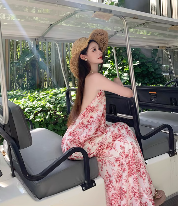 Vintage Pink Floral V-neck Design Elegant Beach Holiday Mermaid Sleeveless Halter Dress Summer Dress Party Dress TP4256