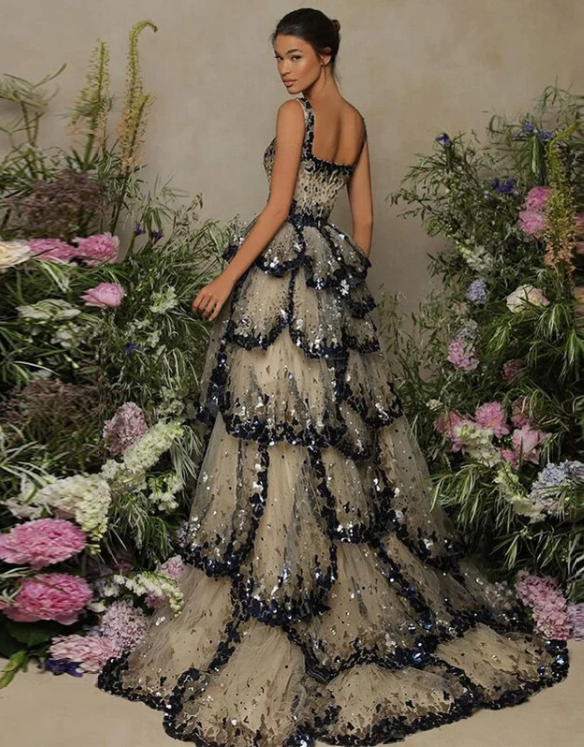 Gorgeous Shiny Sequin A-Line Long Tiered Prom Dress Evening Dress TP4562