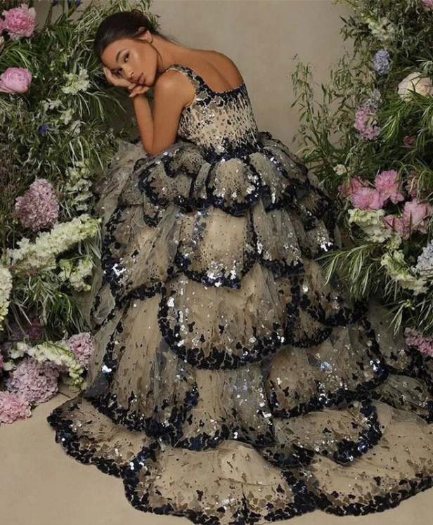 Gorgeous Shiny Sequin A-Line Long Tiered Prom Dress Evening Dress TP4562