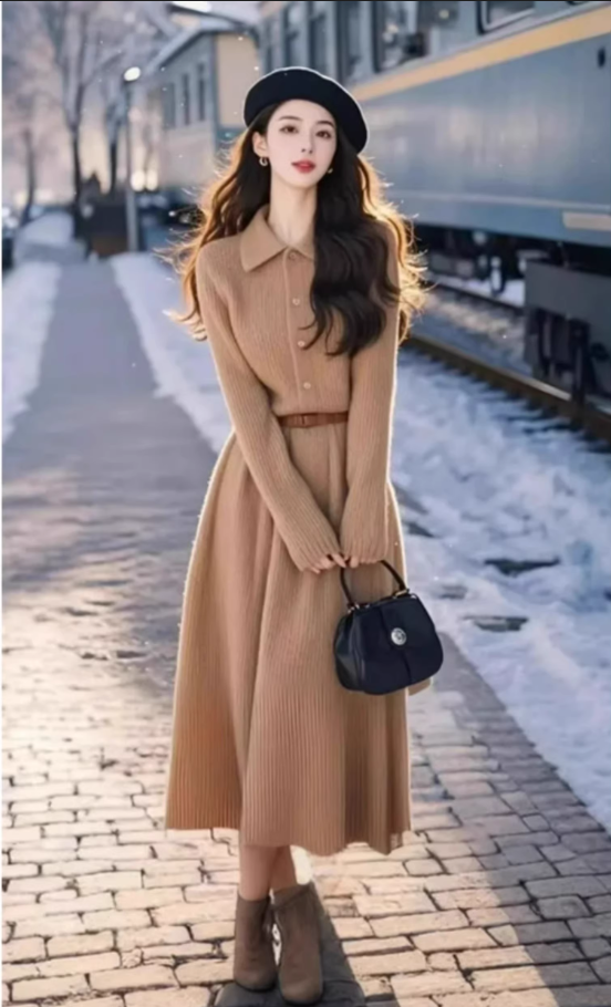 Vintage Khaki A-Line Long-sleeve Knit Dress Long Party Dress TP4727