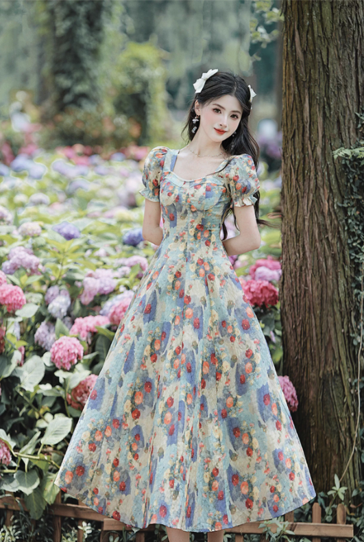 Vintage Floral A-Line Prom Dress Short-sleeve Evening Dress Long Formal Dress TP4730