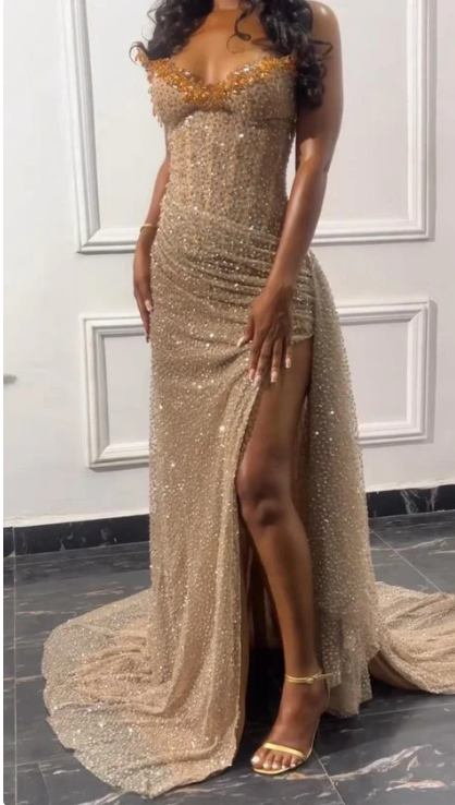 Elegant Champagne Strapless Prom Dress Sheath Beaded Strapless High Slit Evening Gown Long Party Dress Formal Dress TP4753