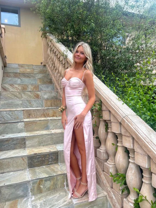 Elegant Pink Sweetheart Prom Dress Satin Sheath High Slit Spaghetti Strap Evening Gown Long Party Dress Formal Dress TP4752