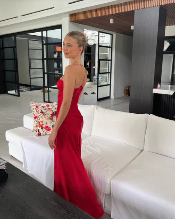Elegant Satin Prom Dress Sheath Spaghetti Strap Evening Gown High Slit Party Dress Long Formal Dress TP4750