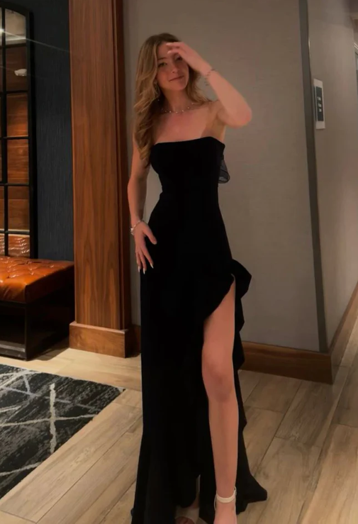 Elegant Black Prom Dress Sheath Strapless Evening Gown Long Party Dress High Slit Formal Dress TP4748
