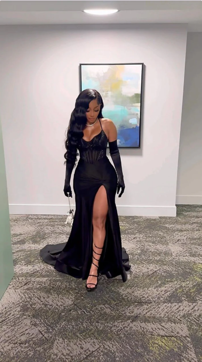 Elegant Black Sequin Prom Dress Sheath Evening Gown Long Party Dress High Slit Formal Dress TP4746